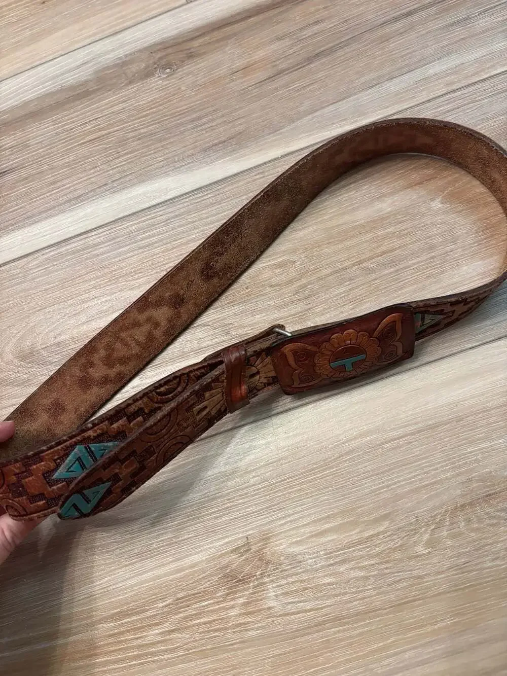 Vintage Fred Harvey Era Tooled Leather Belt with Turquoise